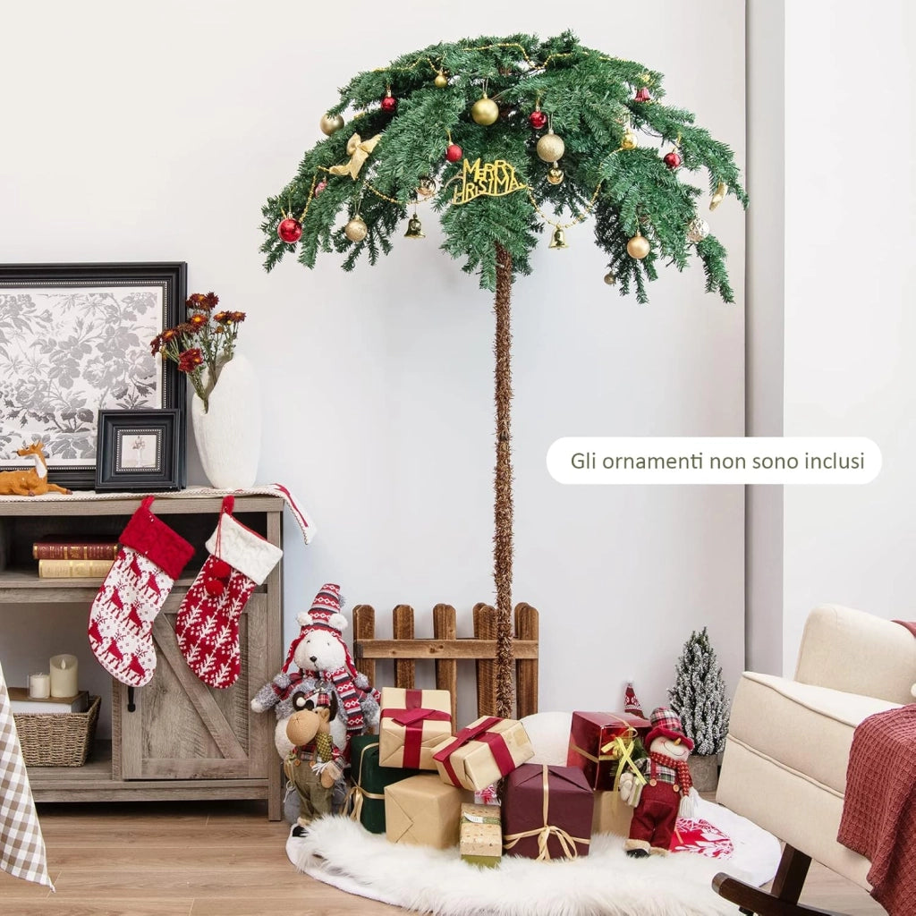 Albero di Natale da 180 cm, Albero di Natale con Luci e a Forma di Palma, con 250 Luci LED Bianco Caldo, 813 Rami, Struttura a Cerniera e Supporto, Ideale per Casa e Negozio