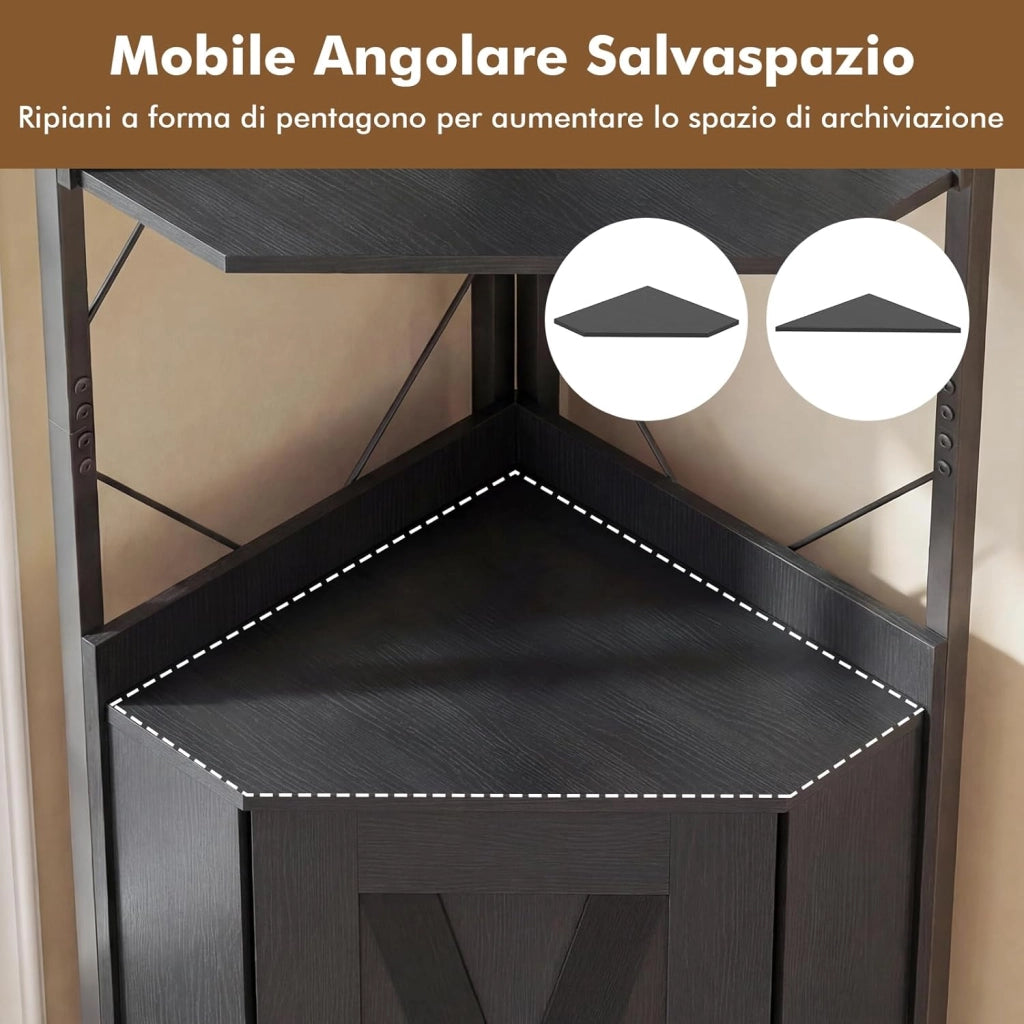 Libreria a 5 Ripiani, Mensola ad Angolo con Spazio di Archiviazione, Armadio ad Angolo con Paraspigoli Anticaduta, Autoportante, con 2 Kit Antiribaltamento, 38 x 38 x 180 cm (Nero)