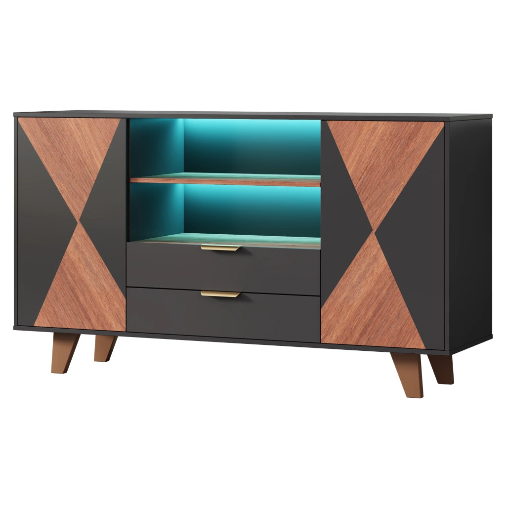Credenza multifunzione con LED RGB, 2 cassetti, ripiani regolabili e vani aperti, 150 × 40 × 90 cm