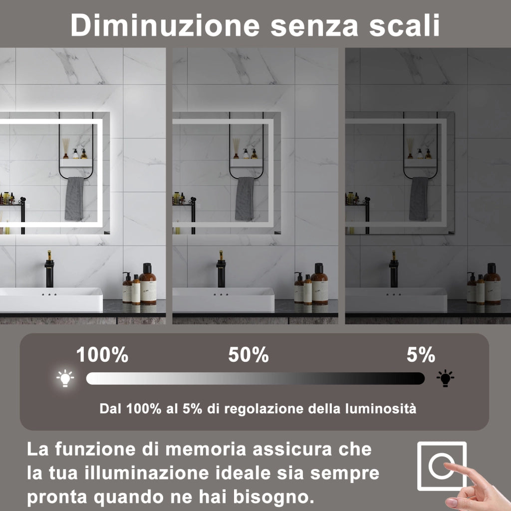 AICA Specchio da bagno  80 x 60 cm, dimmerabile, interruttore touch, Funzione Memoria, antiappannamento