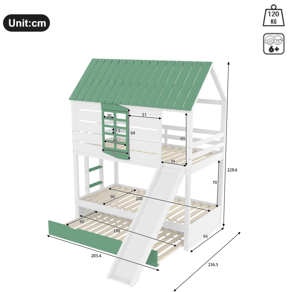 OKWISH Letto a Castello 90×200 cm, Letto Singolo con Scivolo, Letto estraibile, Sponde e Scala, senza Materasso, Bianco Verde