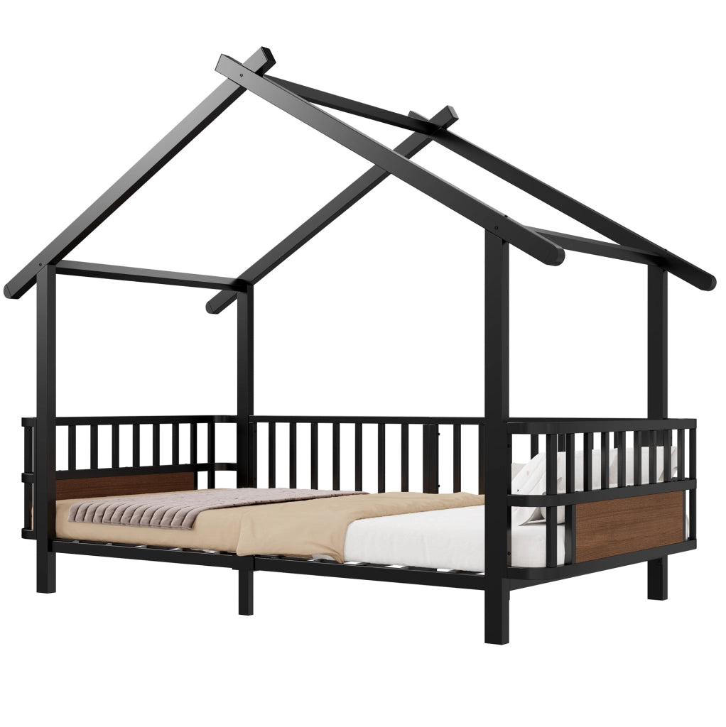 Letto a casetta 90x200 cm con sbarre di sicurezza in metallo nero