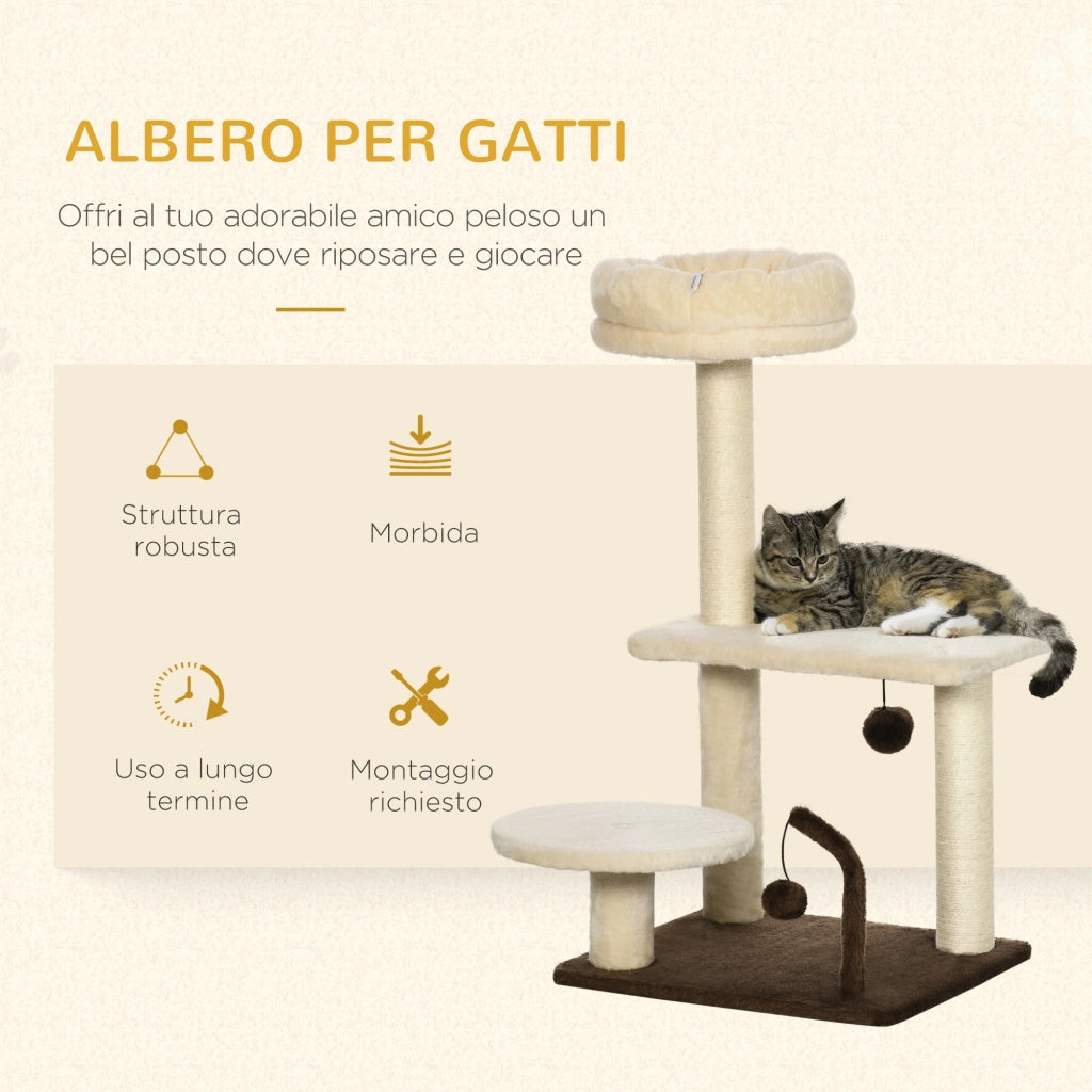 Tiragraffi per Gatti con Palo in Sisal e Posatoio ¨C Minimal ¨C Grigio, Truciolato e Peluche, 44x38x81 cm