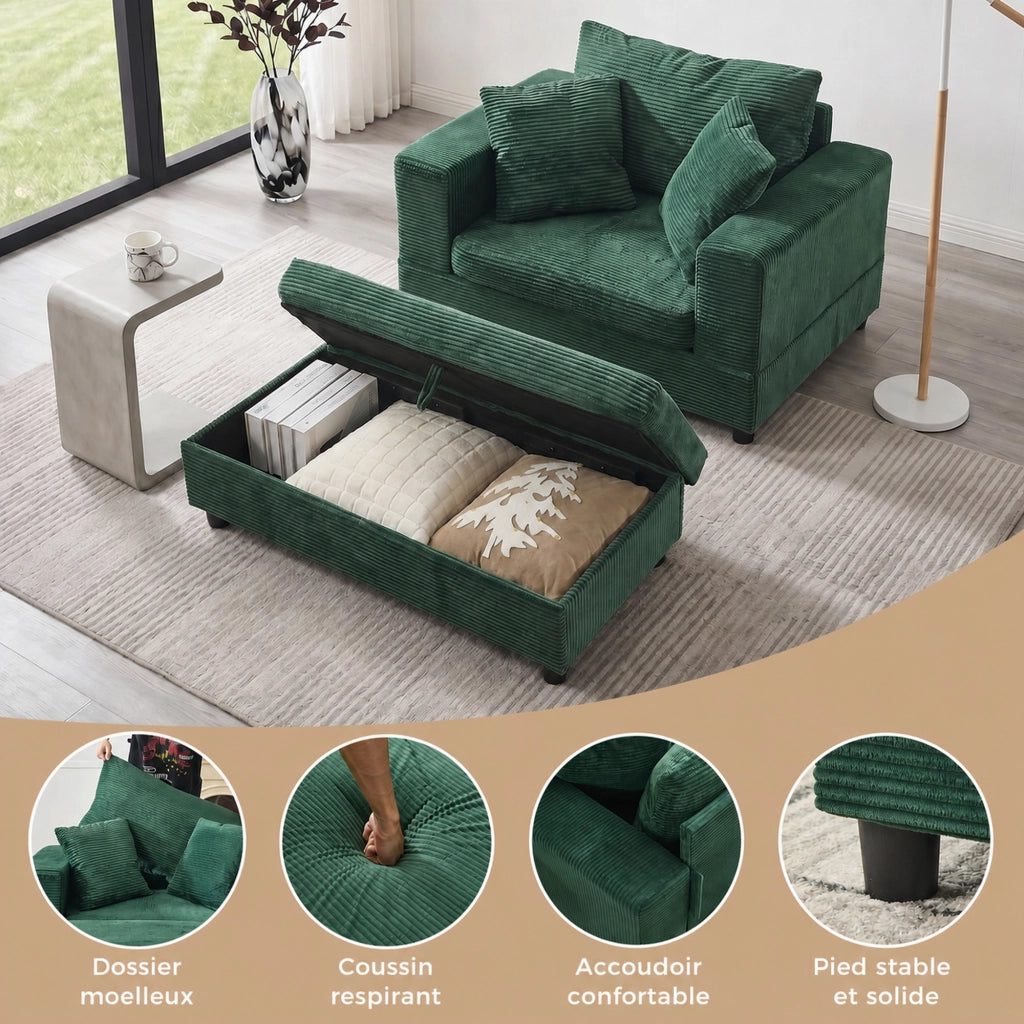 Divano chaise longue con poggiapiedi e vano contenitore, 3 cuscini, per soggiorno e camera, verde smeraldo
