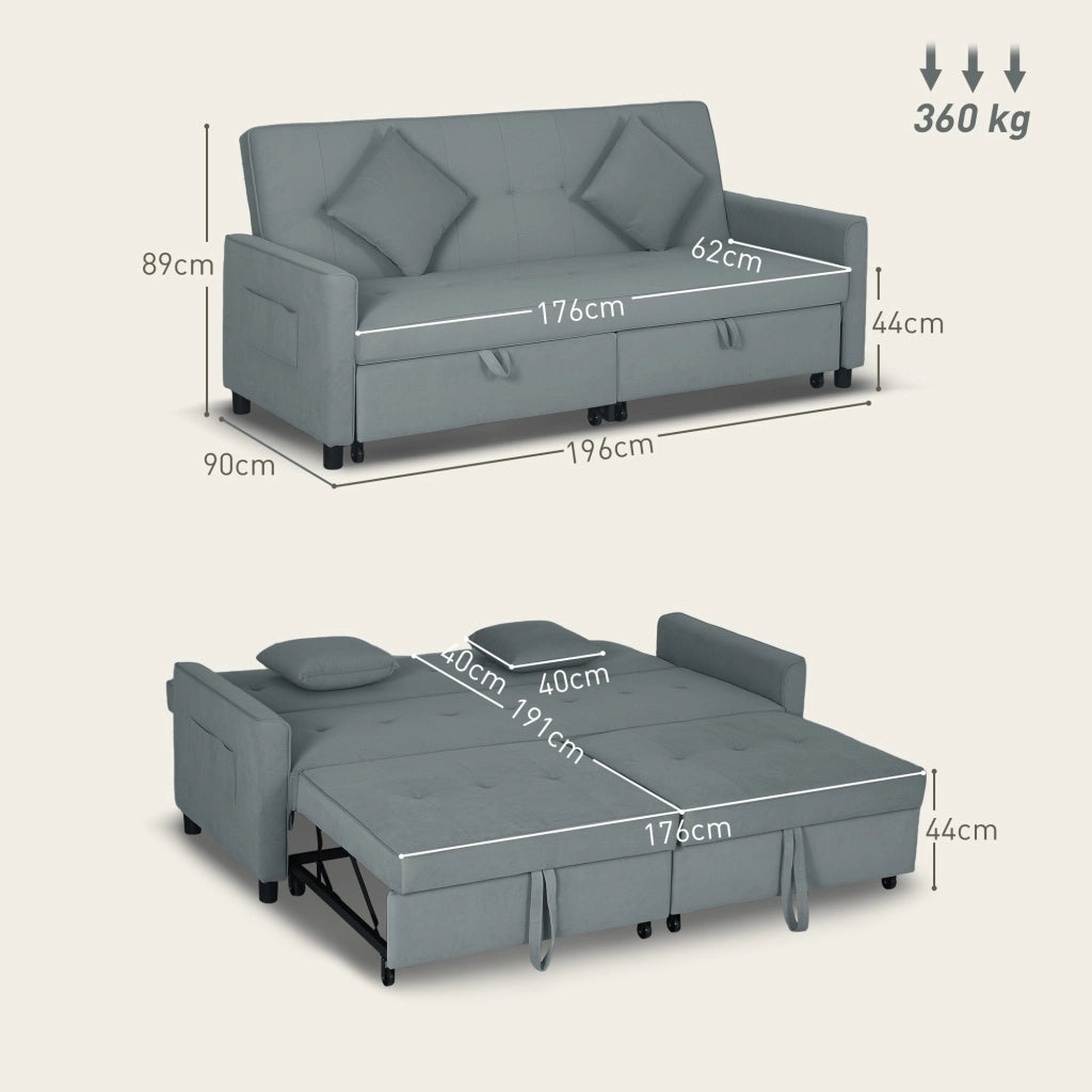 Divano Letto 3 Posti Clic Clac 196x90x89 cm con Schienale Reclinabile e 2 Cuscini Grigio
