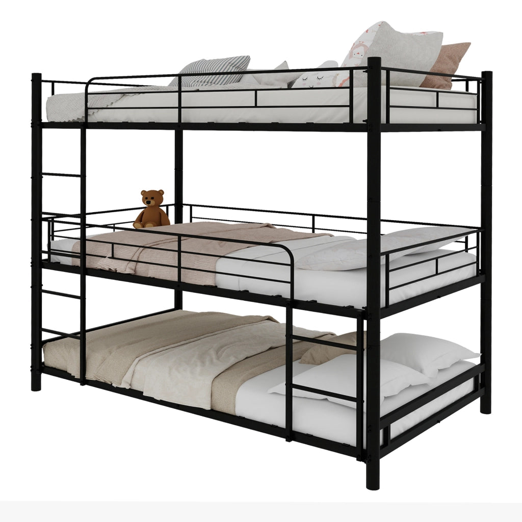 LETTO a Castello Triplo in Metallo Nero con Scale Integrate