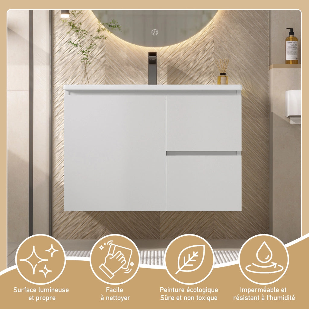 Mobile sottolavabo con 2 cassetti, LED a sensore radar, lavabo in ceramica, per bagno, bianco, 76 × 46 × 50 cm