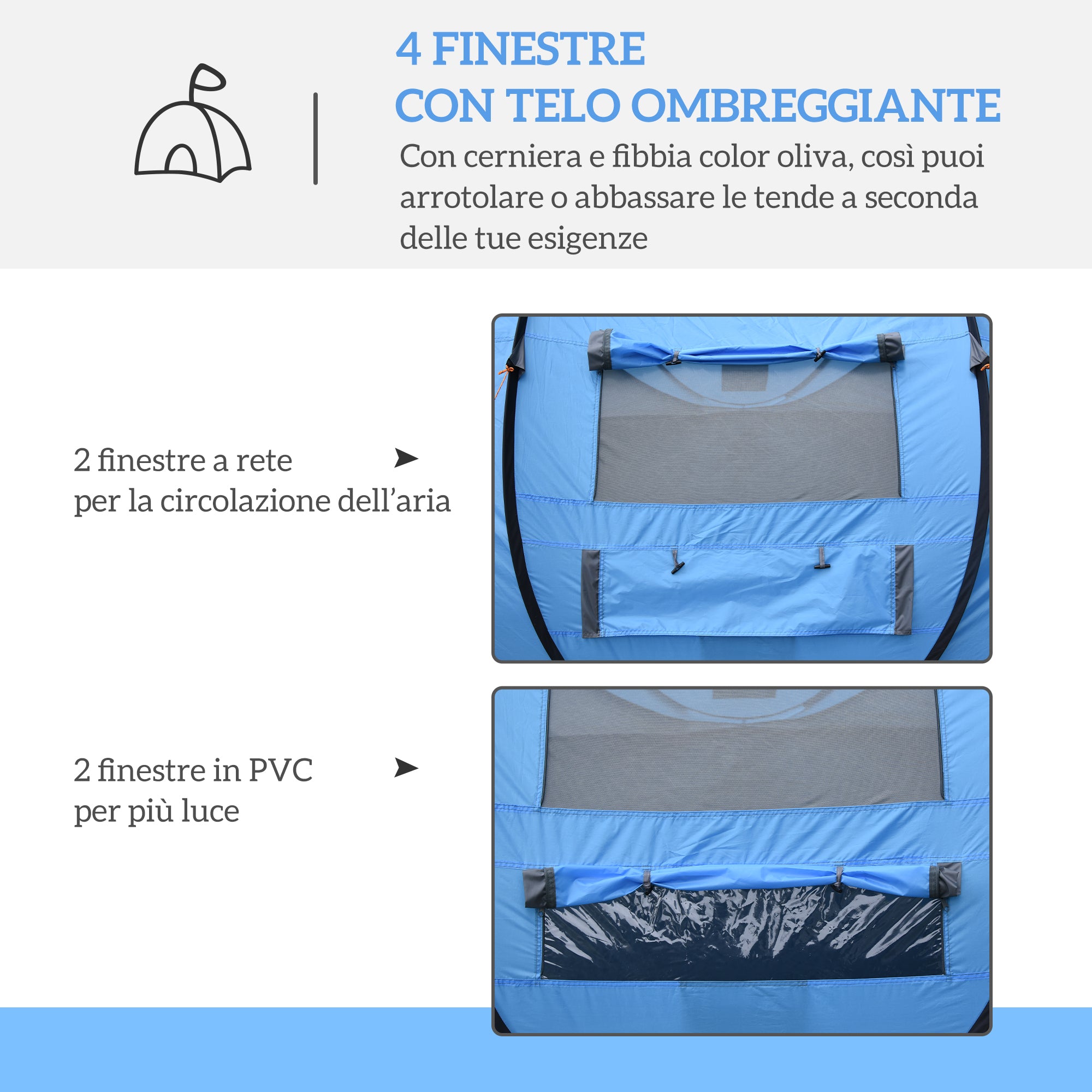 Tenda da Campeggio Pop Up 2 Posti 263,5x220x123 cm con 2 Porte 4 Finestre e Telo Impermeabile Blu