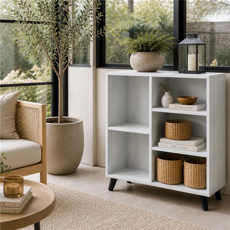 LIBRERIA IN LEGNO BIANCO MODERNA CON 5 RIPIANI SFALSATI DIMENSIONI 80X30X90 CM