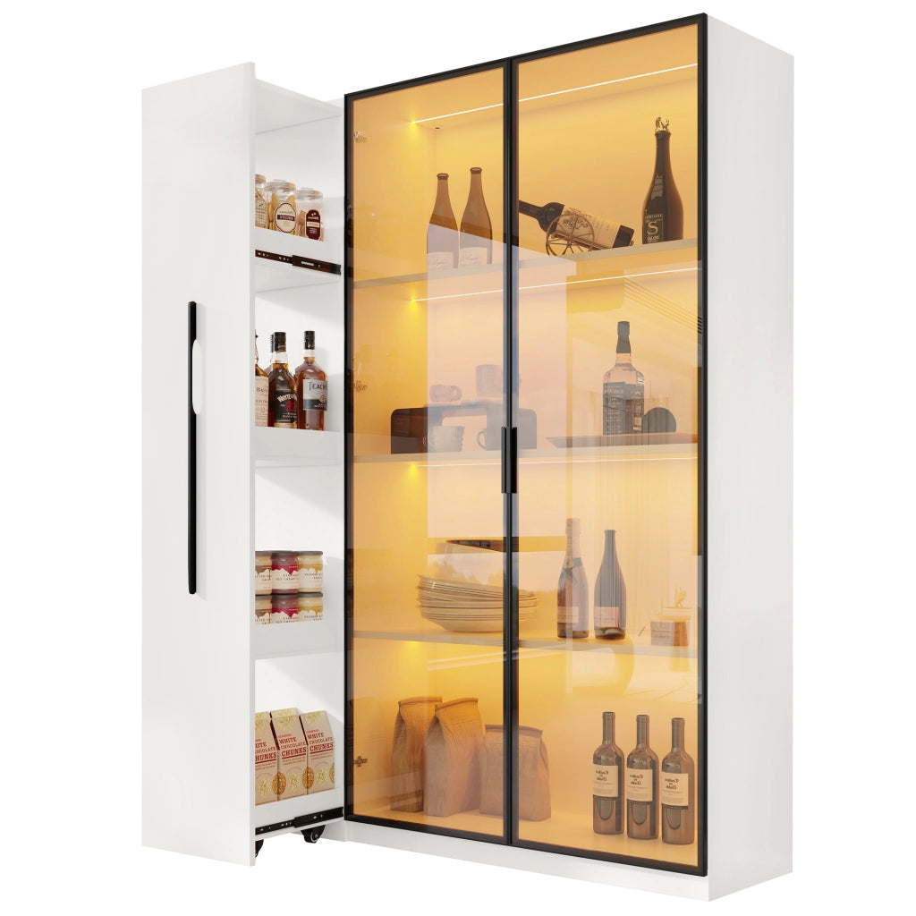 Vetrina LED in MDF 110,5x35x160 cm con anta in vetro colorato e vano laterale estraibile, bianca