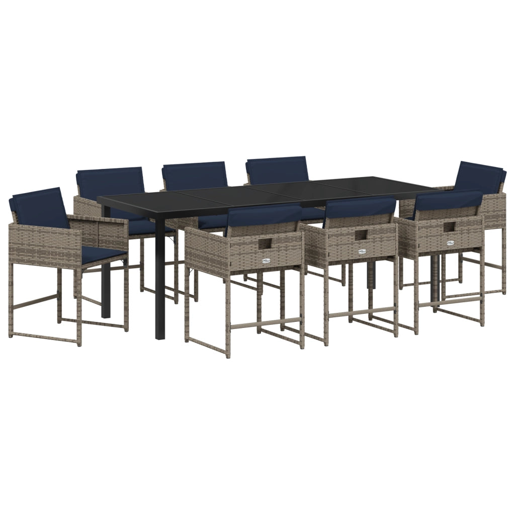 Set da Pranzo da Giardino 9 Pezzi con Cuscini Grigio Rattan PE