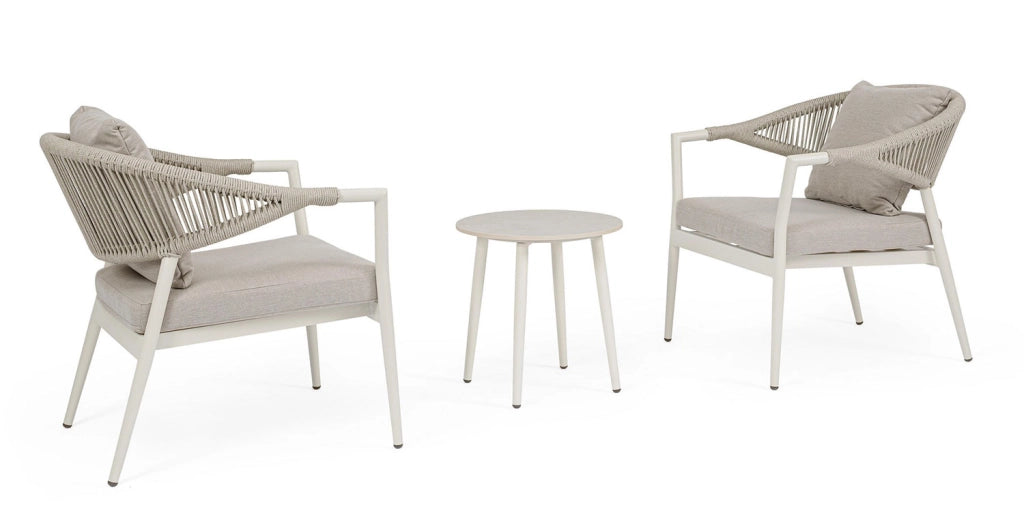 Set 3 Pezzi Salotto da Giardino con 2 Poltrone e Tavolino in Alluminio Corda Poliestere e Pietra Sinterizzata Millor