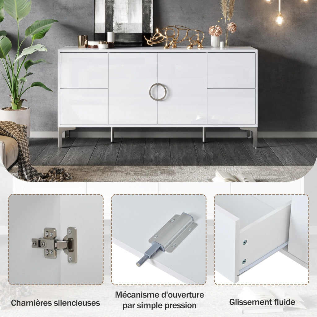 Credenza con 4 cassetti e 2 ante - per soggiorno - in MDF - 150x38x59.5 cm - bianco