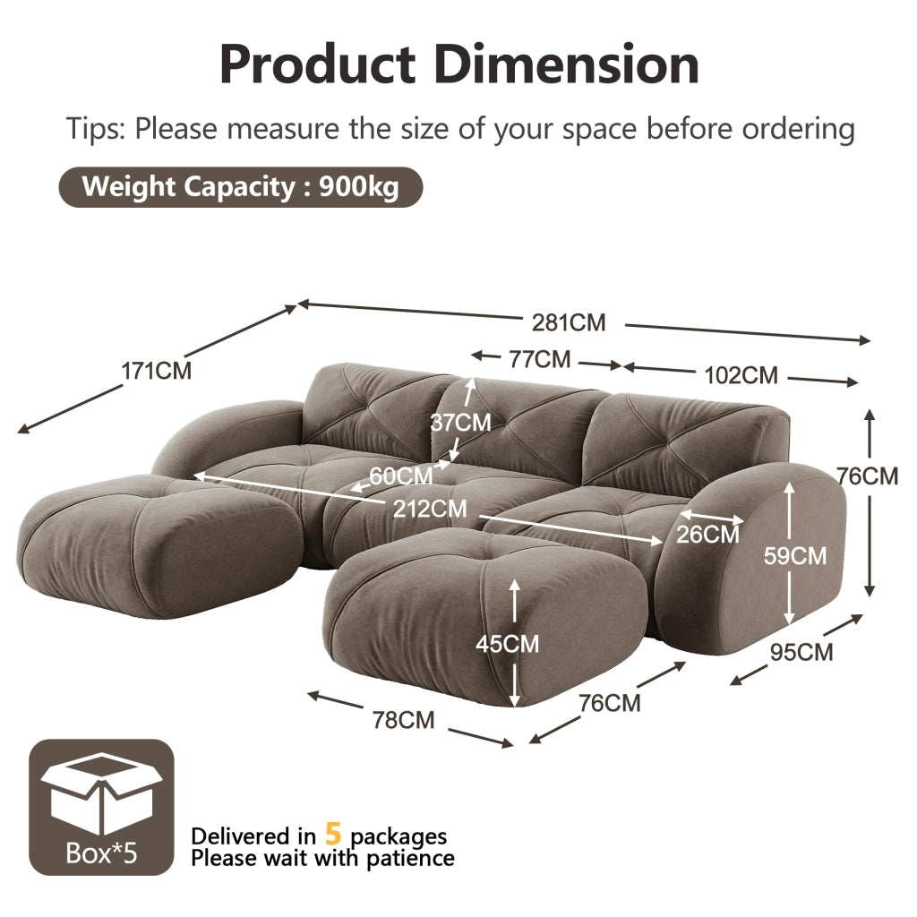 Divano modulare a u senza telaio con seduta in schiuma 32d e rivestimento in chenille taupe 281 × 171 × 76 cm