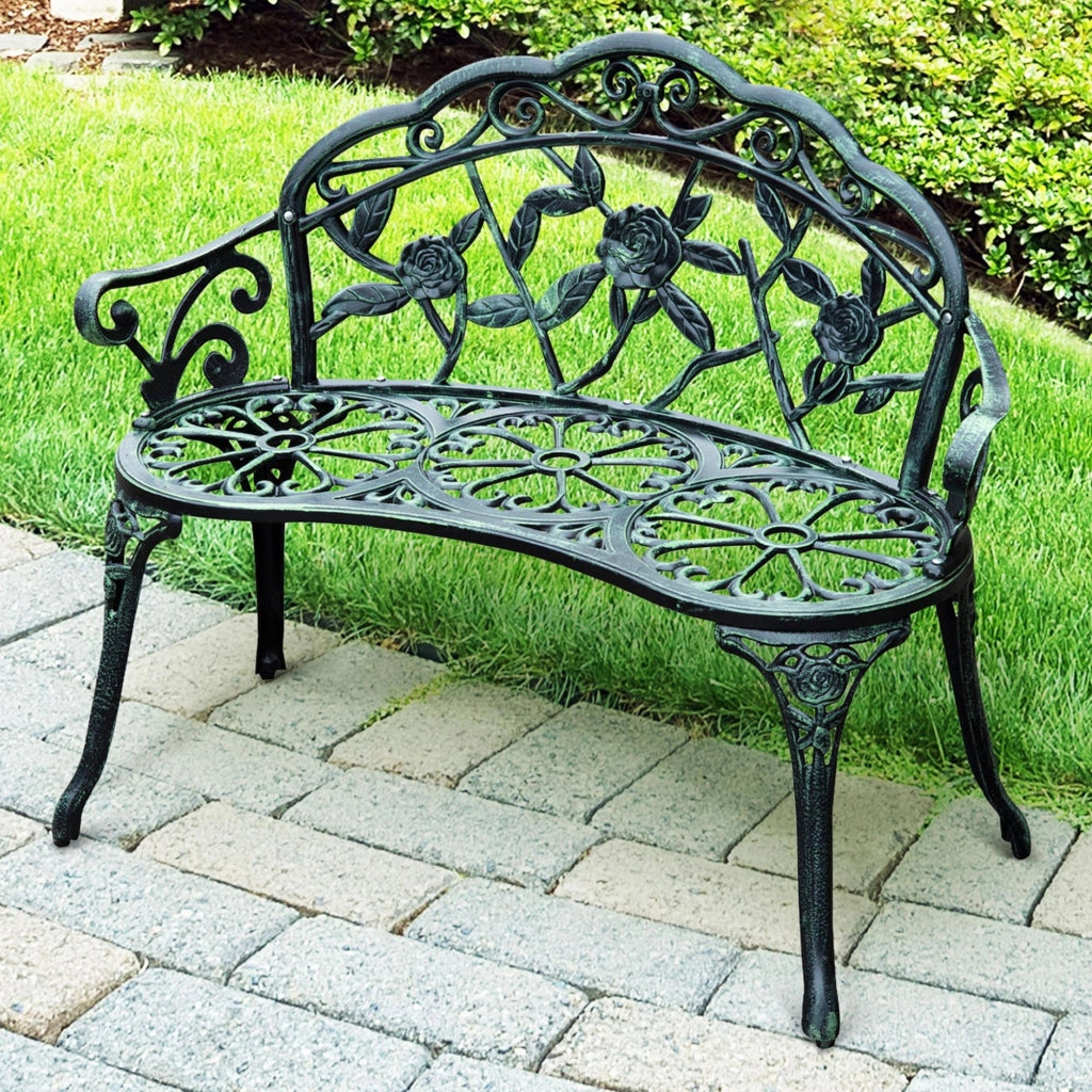 Panca da giardino 2 posti stile retro ¨C Xylo ¨C metallo verde antico con motivo floreale 100x54x78cm