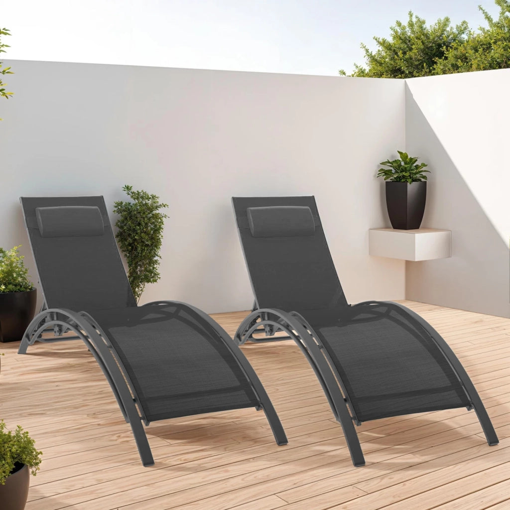 IDMarket - Set di 2 lettini da giardino reclinabili in acciaio HAVANE in tela grigia con cuscini