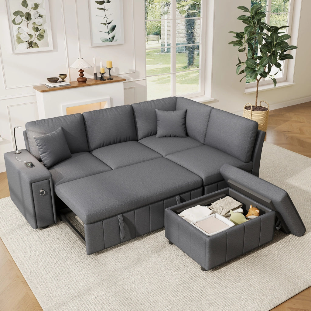 Divano letto angolare 5 posti con pouf contenitore; USB e Type-C grigio HOMVRA