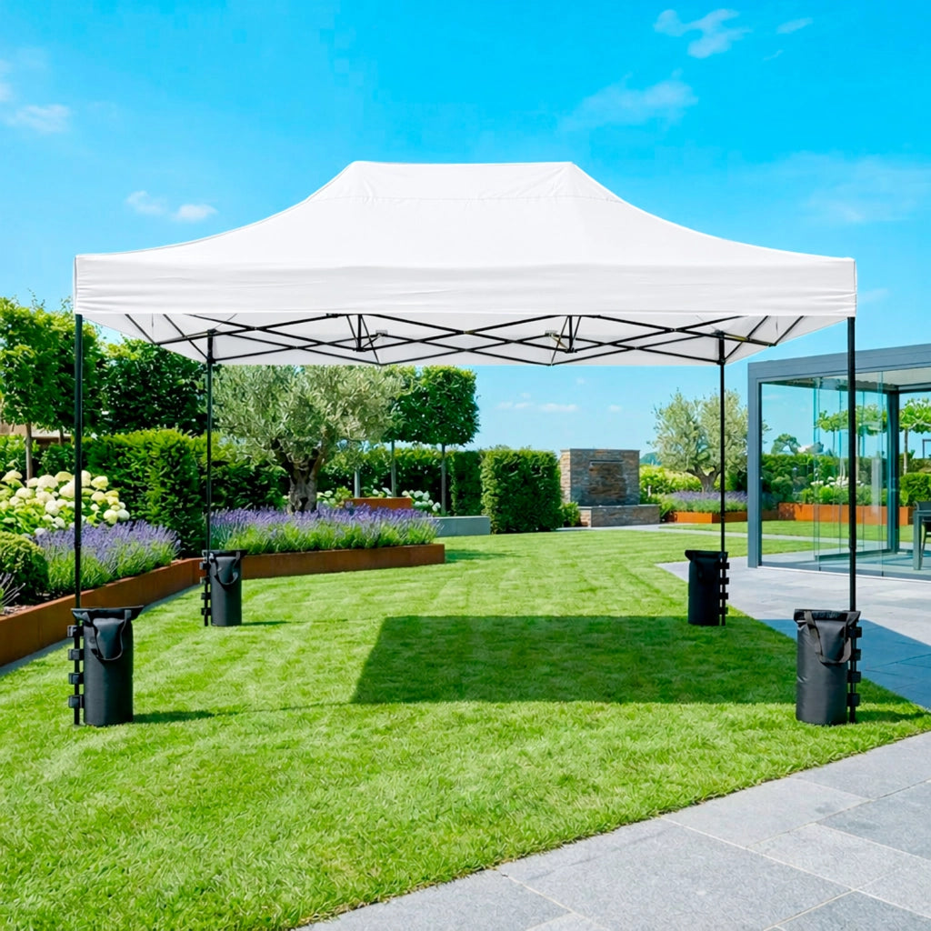 Gazebo Professionale Con Struttura A Fisarmonica Richiudibile Automatico In Acciaio E Telo Oxford 1200D PVC Impermeabile E Anti UV Dotato Di Sacche Zavorra E Borsa Trasporto Per Sagre Feste Eventi 3x4.5 M Bianco