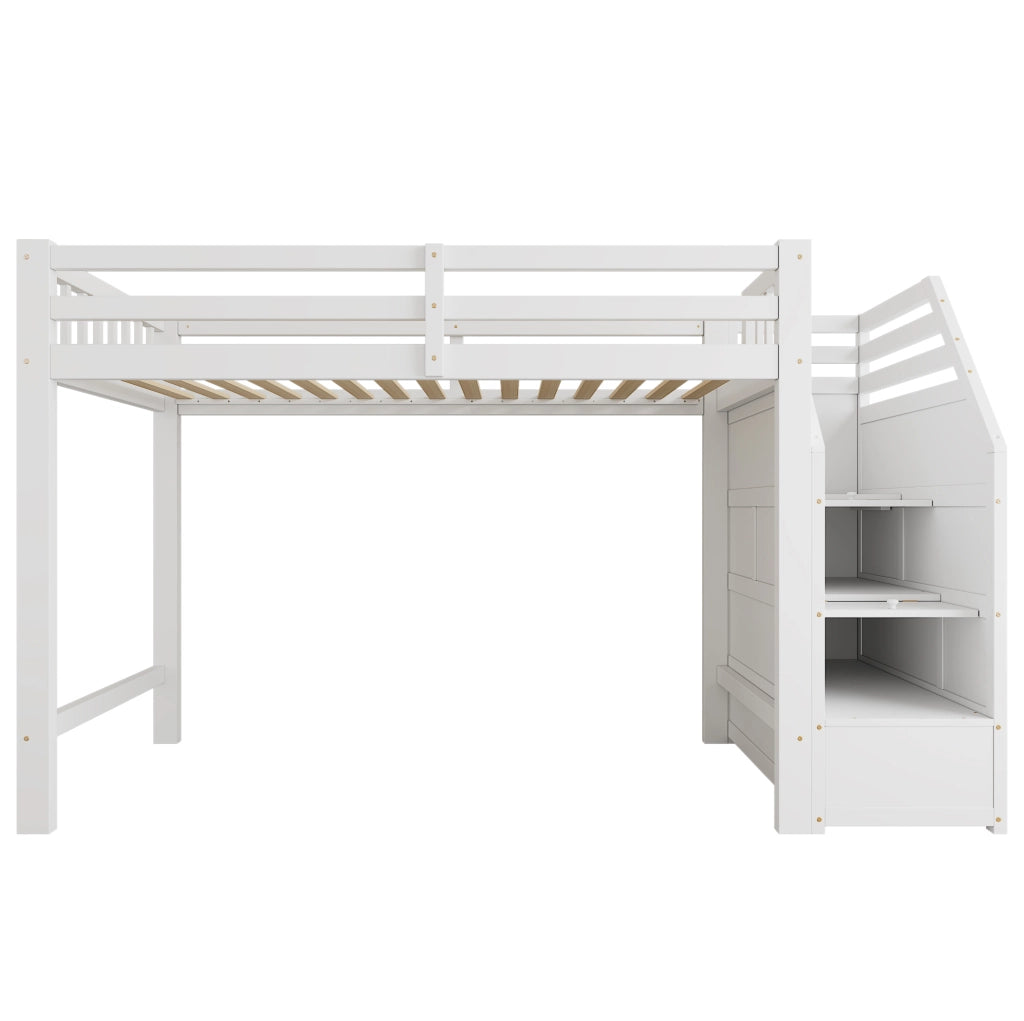 Letto a soppalco per bambini 90x200 cm con rete a doghe; scala contenitore e barriera; bianco