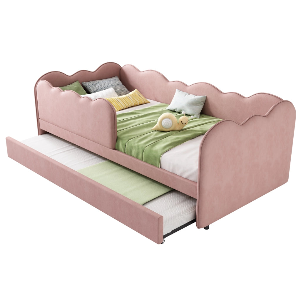 Letto daybed imbottito 90x190 cm con letto estraibile, rete inclusa, velluto rosa