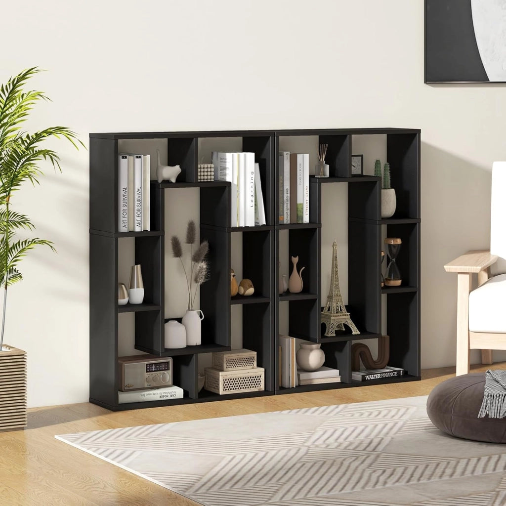 Libreria in Legno, Scaffale Aperto Geometrica a 7 Cubi, Scaffale da Esposizione con Dispositivo Anti-Ribaltamento, per Ufficio Soggiorno Camera da Letto, 60x20x90 cm (Nero)