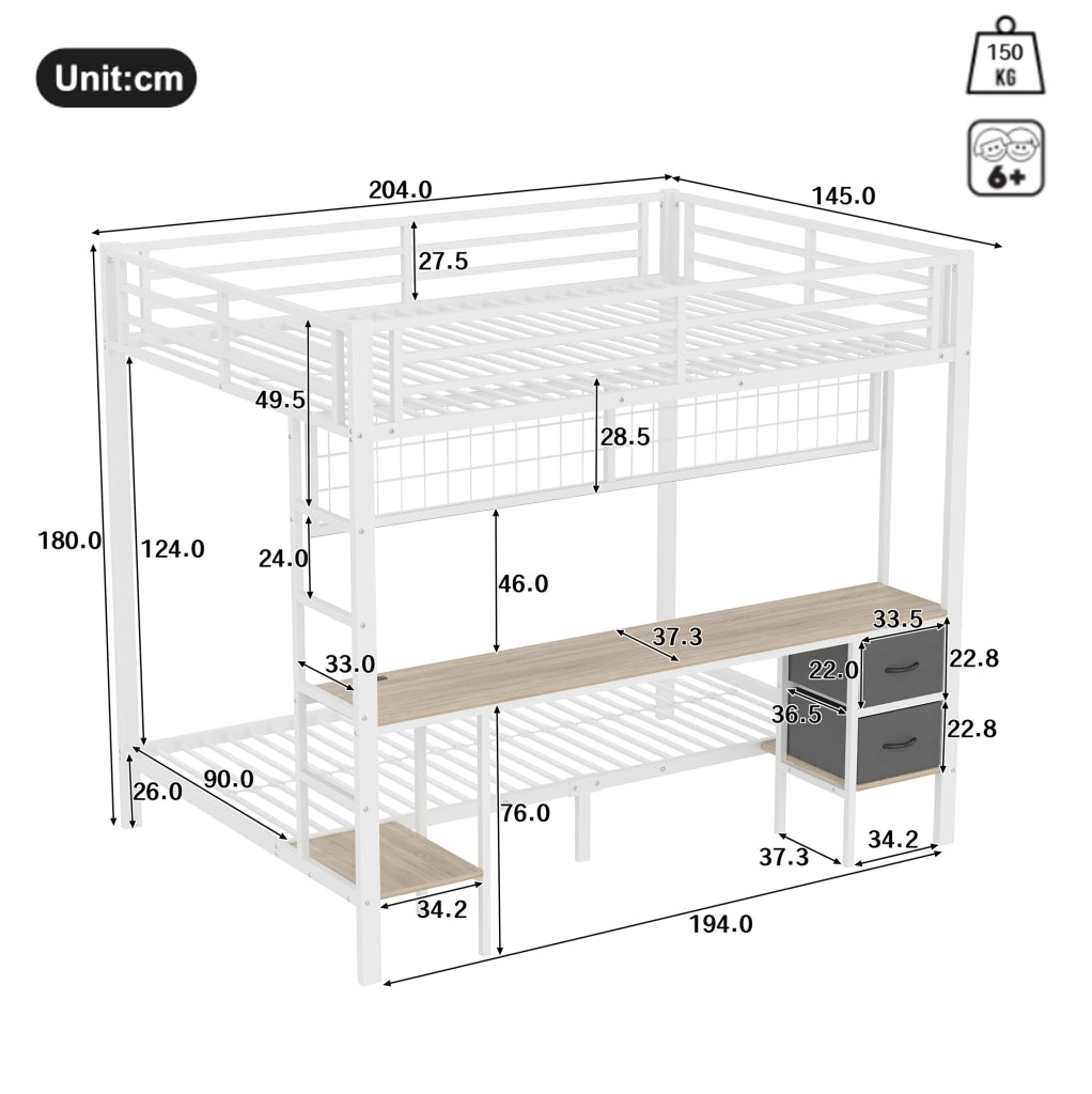 Letto a soppalco 140x200 cm in metallo con scrivania, contenitori LED e USB, bianco