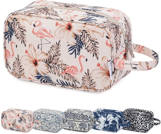 Organizzatore di cosmetici per viaggio da donna con design elegante, impermeabile, organizzatore di prodotti per il bagno (Beige Flamingo)