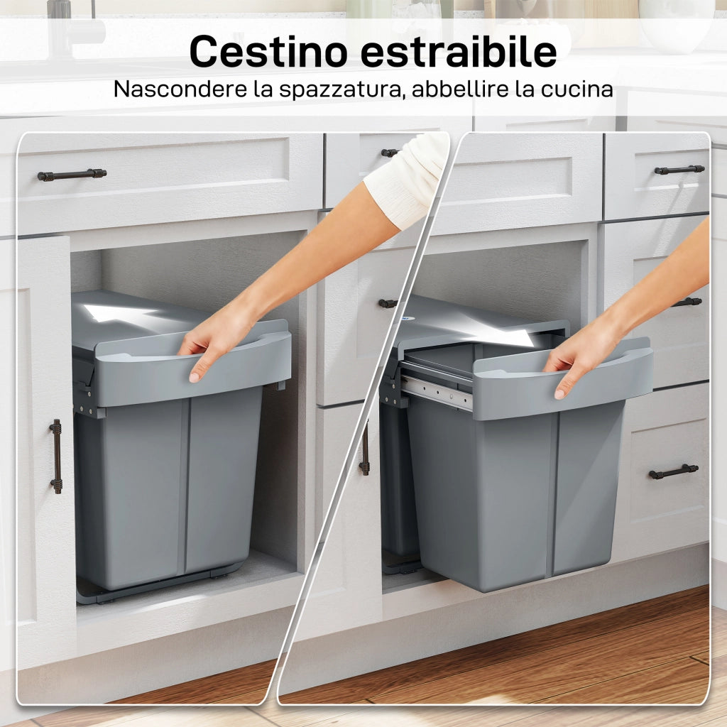 Pattumiera Estraibile Sottolavello per Differenziata con 2 Secchi da 20L. 52x33.5x41 cm. Grigio