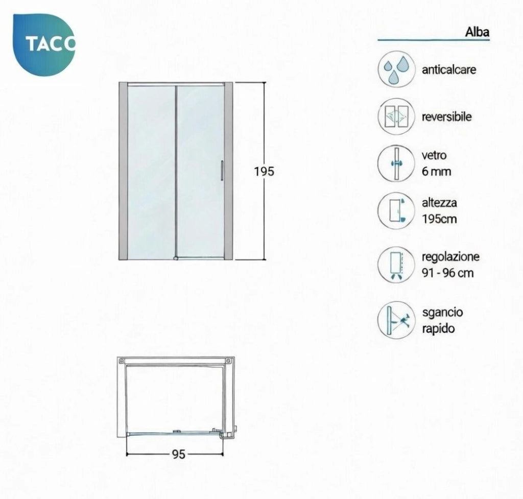 Box doccia a nicchia 95 cm porta scorrevole apertura laterale H195 cm ALBA Cromato