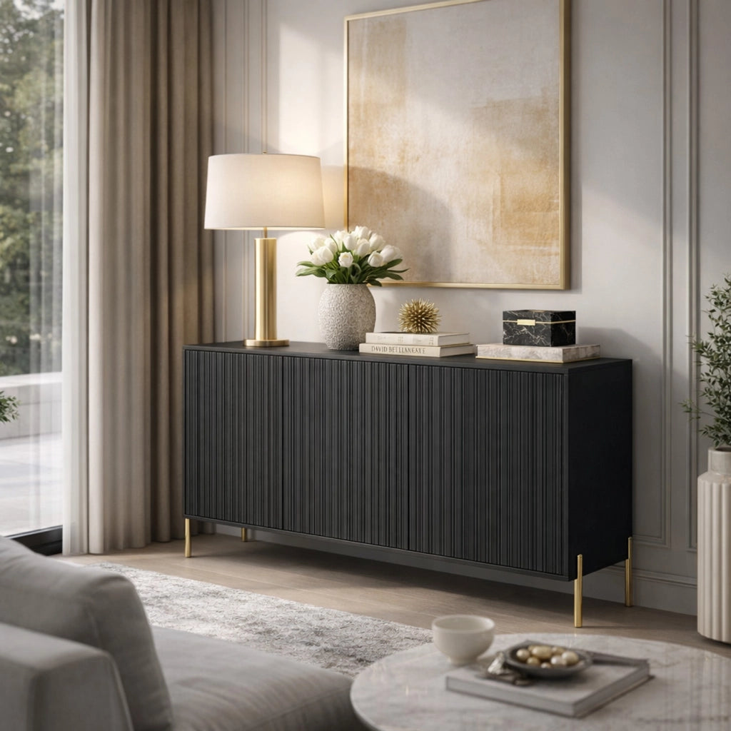 Credenza Moderna Madia Con 3 Ante Battenti Ripiani Interni Grande Spazio Contenitivo Struttura In Melaminico Per Soggiorno Sala Da Pranzo Corridoio Zona Living 154 X 38 X 80 Cm Nero