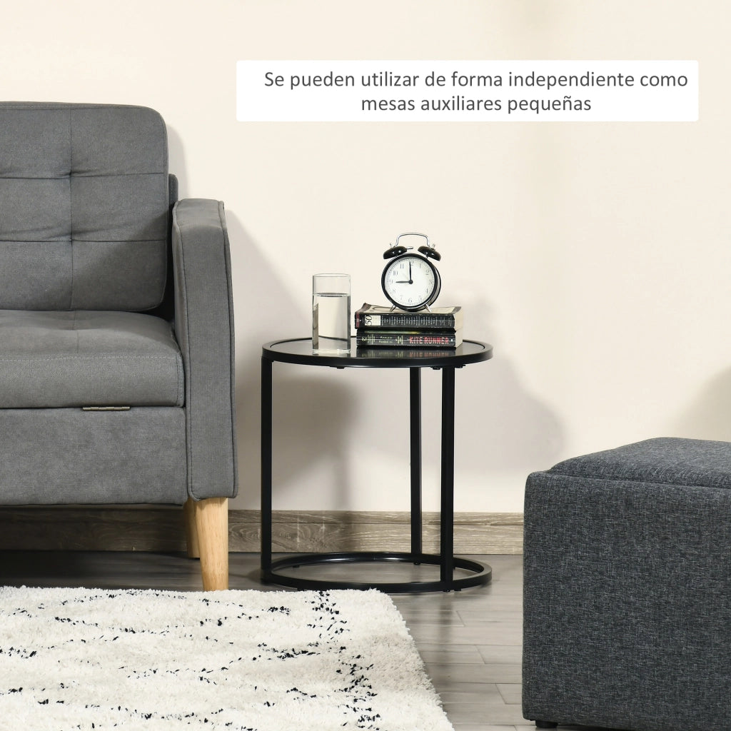Set 2 Tavolini Nido Rotondi Apilabili ¨C Zephmum ¨C Effetto Marmo Nero ?60x46/?40x40