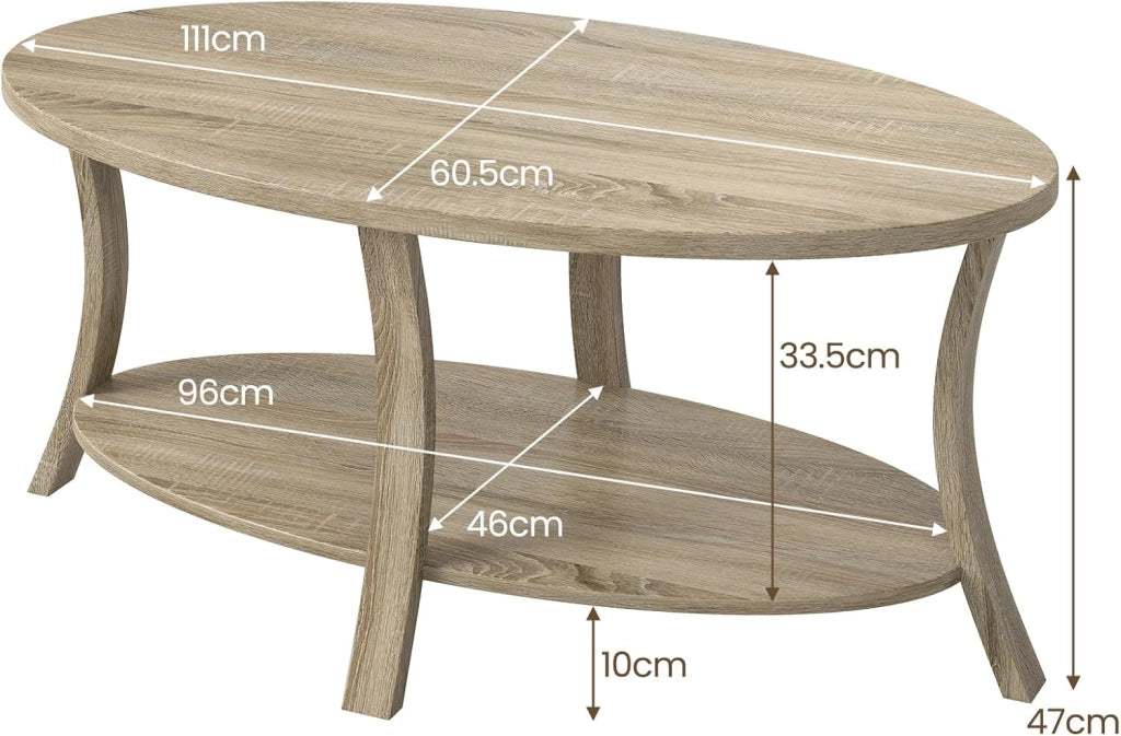 Tavolino da Centro a 2 Livelli, Tavolino Ausiliario Ovale con Gambe Curvate, Venatura del Legno, Piedini Antiscivolo, Ripiano per Soggiorno, Studio, Sala d'Attesa, Grigio/Rovere (Naturale)