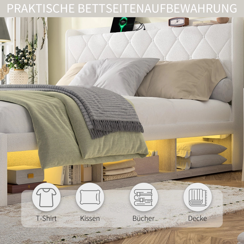 Letto imbottito in velluto bianco con USB, LED e 6 cassetti, 140x200 cm