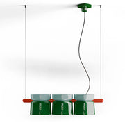 Lampadario Decò Yakitori Ceramica Azzurro Verde Bali Metallo Rosso 3 Luci E27