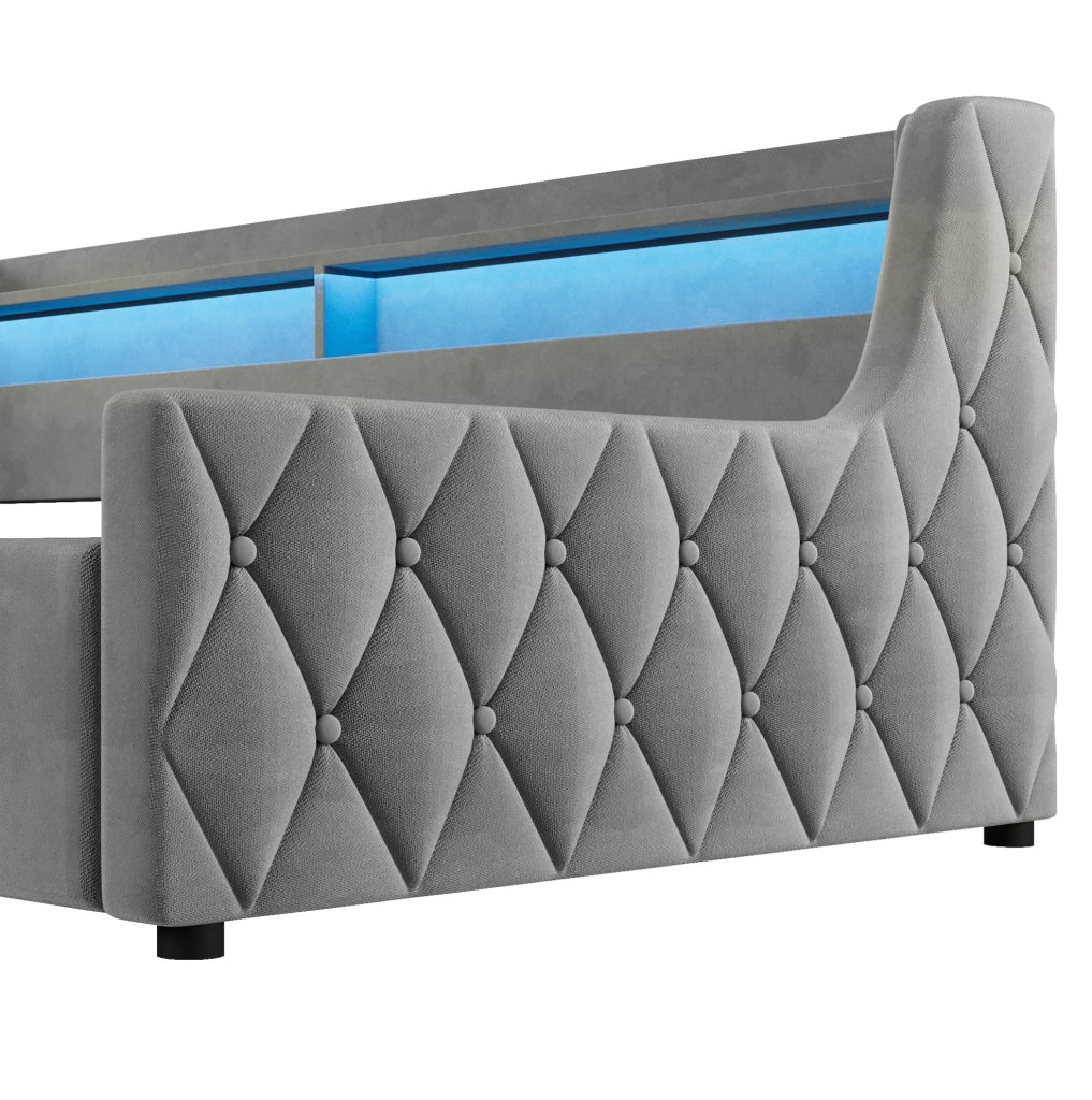 Letto singolo imbottito 90x200 cm in flanella grigia con contenitore idraulico e LED