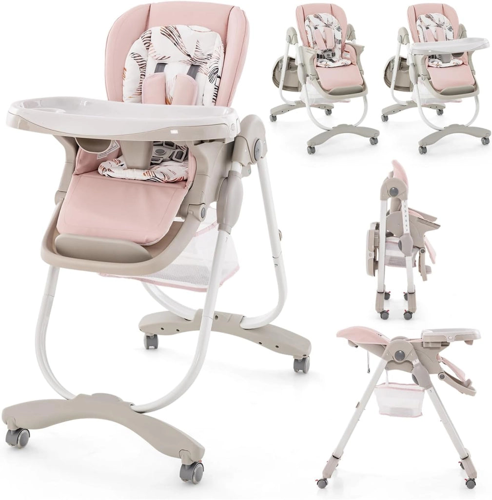 Seggiolone Pappa Bambini Pieghevole, Altezza Regolabile (Rosa) | Seggiolone Multifunzione con 4 Ruote, Poggiapiedi e Schienale, Vassoio Rimovibile, per 6-36 Mesi, Fino a 15 kg
