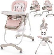 Seggiolone Pappa Bambini Pieghevole, Altezza Regolabile (Rosa) | Seggiolone Multifunzione con 4 Ruote, Poggiapiedi e Schienale, Vassoio Rimovibile, per 6-36 Mesi, Fino a 15 kg