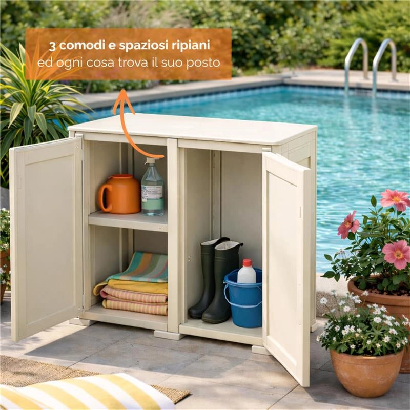 ARMADIO DA ESTERNO COPERTO 2 RIPIANI PANNA 79X43X85,5 CM  – MOBILE COMPATTO SALVASPAZIO PER BALCONE E VERANDA