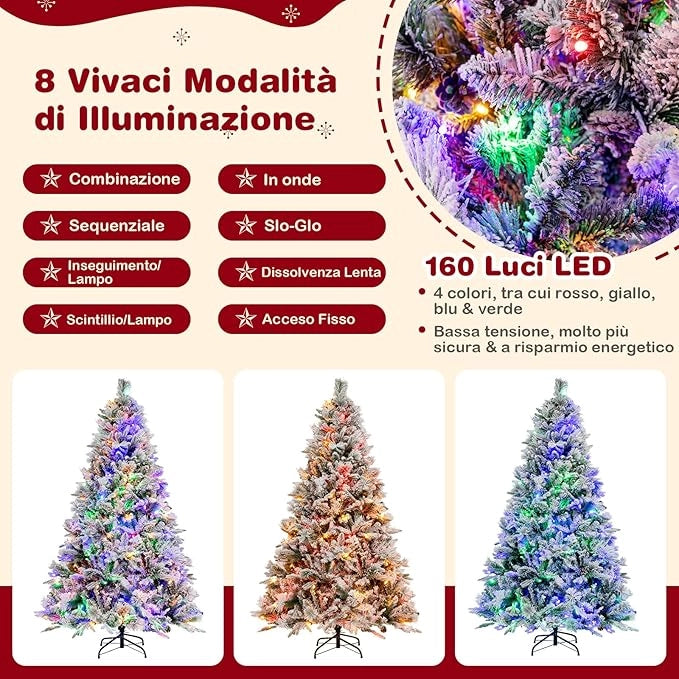 Albero di Natale Innevato 136/180 cm, Albero di Natale con 160/240 Luci LED, 472/850 Rametti di PE PVC, 26/34 Pigne, Aghi di Pino e 8 Modalità di Illuminazione (180 cm)