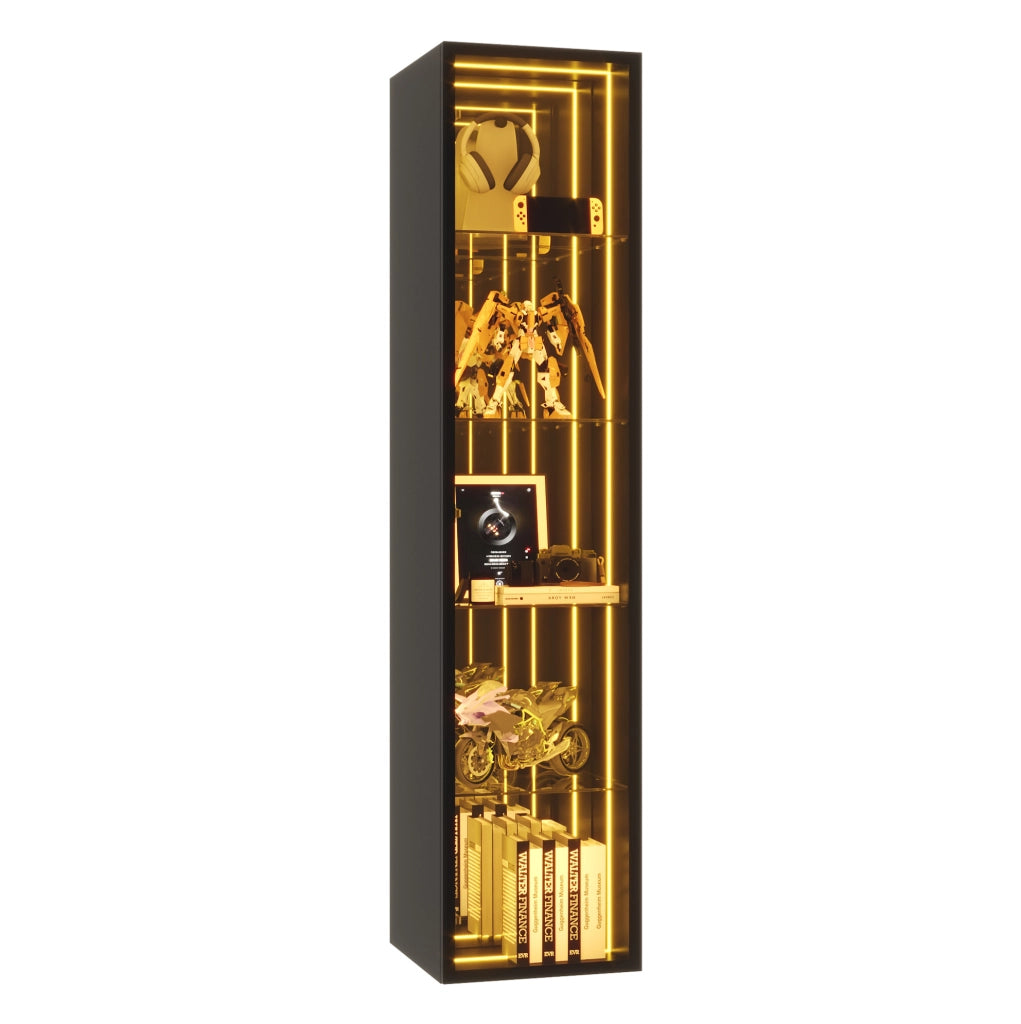 Vetrina in vetro temperato 30x30x160 cm con LED; 5 ripiani regolabili; MDF e alluminio; nera