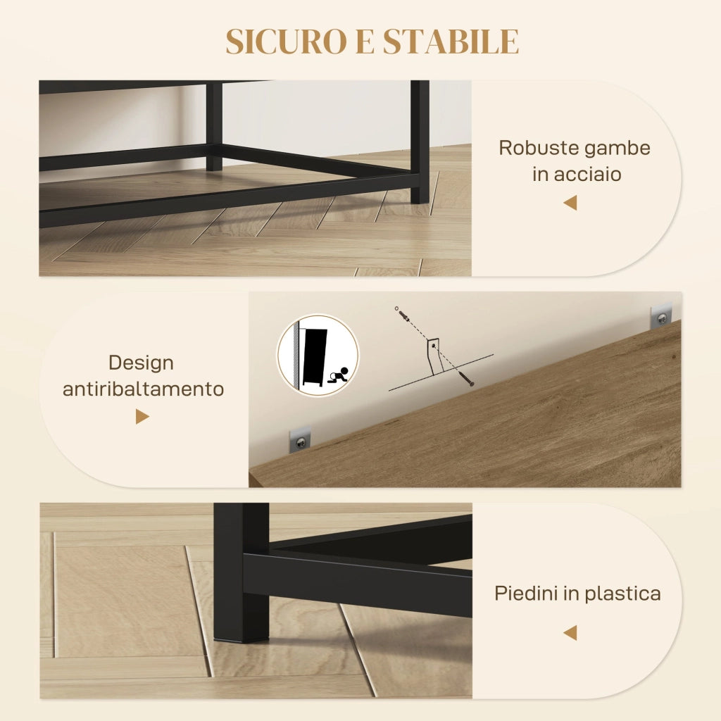 Credenza Mobile Basso Multiuso Armadietto Cassetti e Vani a Giorno  80x40x78 cm in Legno e Acciaio Marrone