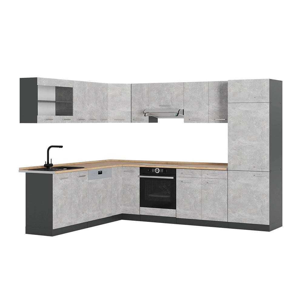 Cucina angolare completa R-Line Calcestruzzo/Antracite 287 x 227 cm, PL Rovere Vicco