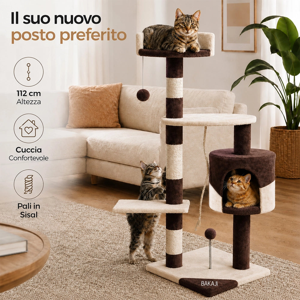 Albero Tiragraffi Gatti Parco Giochi Cuccia Graffiatoio gatto 112cm Marrone Crem
