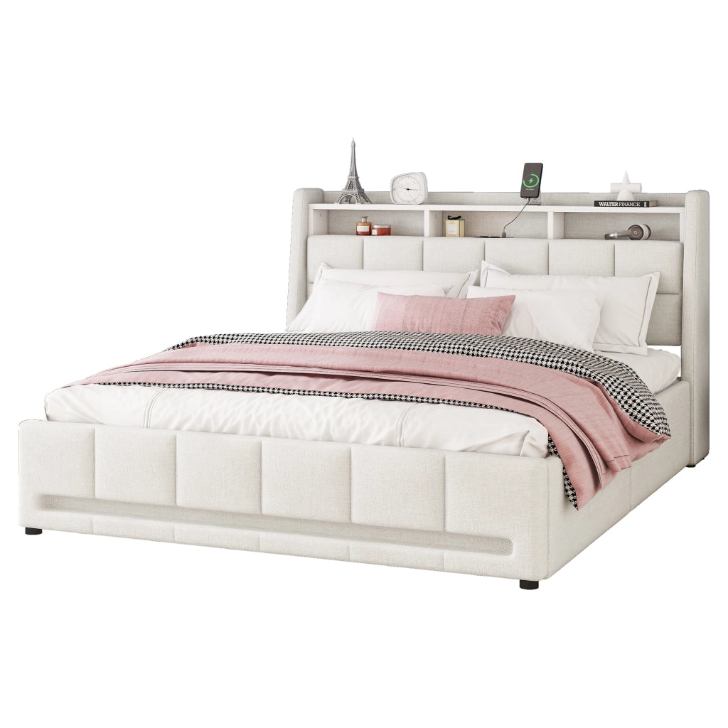 Letto imbottito 140 x 200 cm in lino e MDF, beige, con LED APP, USB, 2 cassetti e vani contenitore, senza materasso