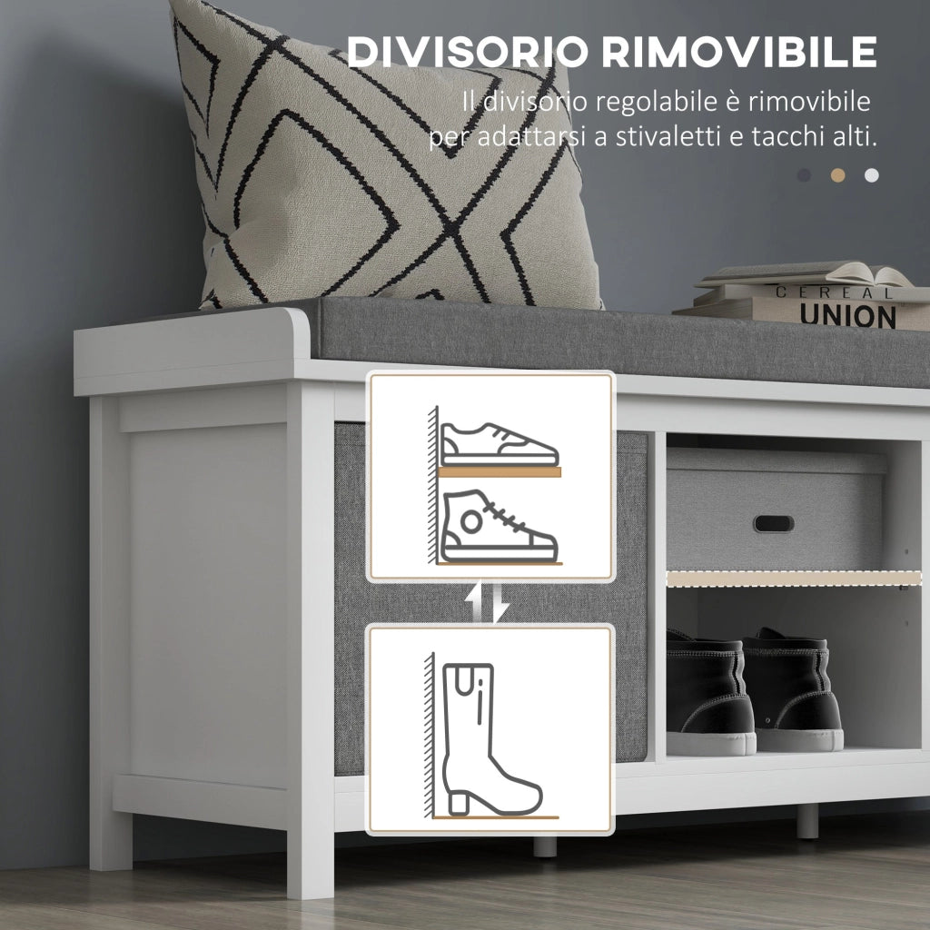 Panca Scarpiera con Ripiano Regolabile a 3 Livelli e 2 Cassetti 105x35x47 cm in Truciolato Bianca e Grigia