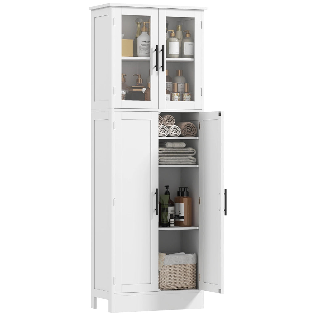 Mobile Bagno Alto con Ripiani Regolabili, Ante in Vetro e Legno, 60x30x170 cm, Bianco