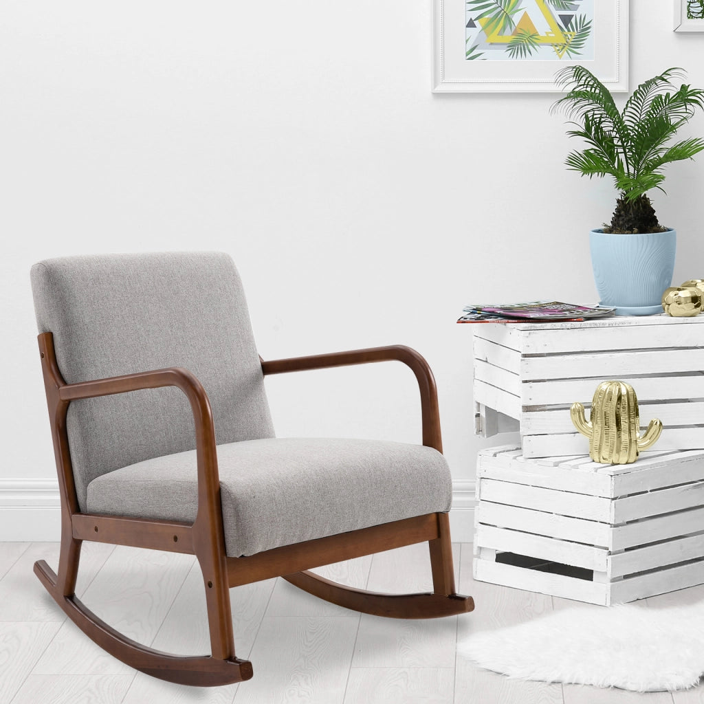 Poltrona Imbottita a Dondolo in Legno e Tessuto Grigio ¨C Zephmum ¨C 64x86x80cm
