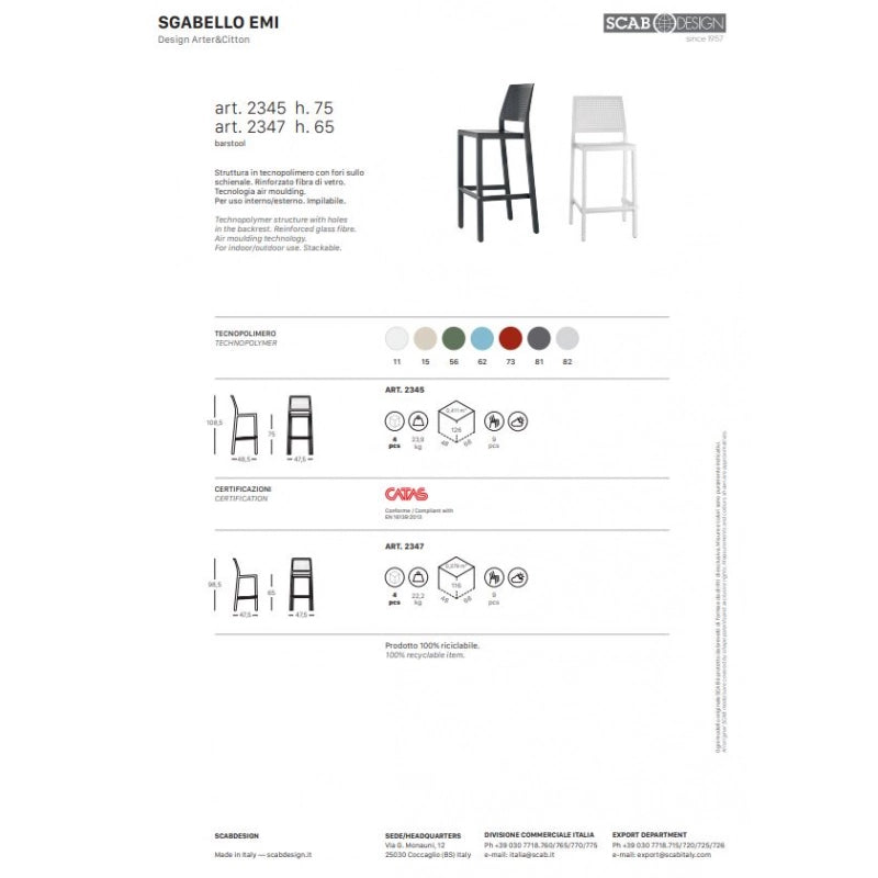 SET 4 SGABELLI EMI TECNOPOLIMERO HT 75CM SCAB DESIGN - Lino 11