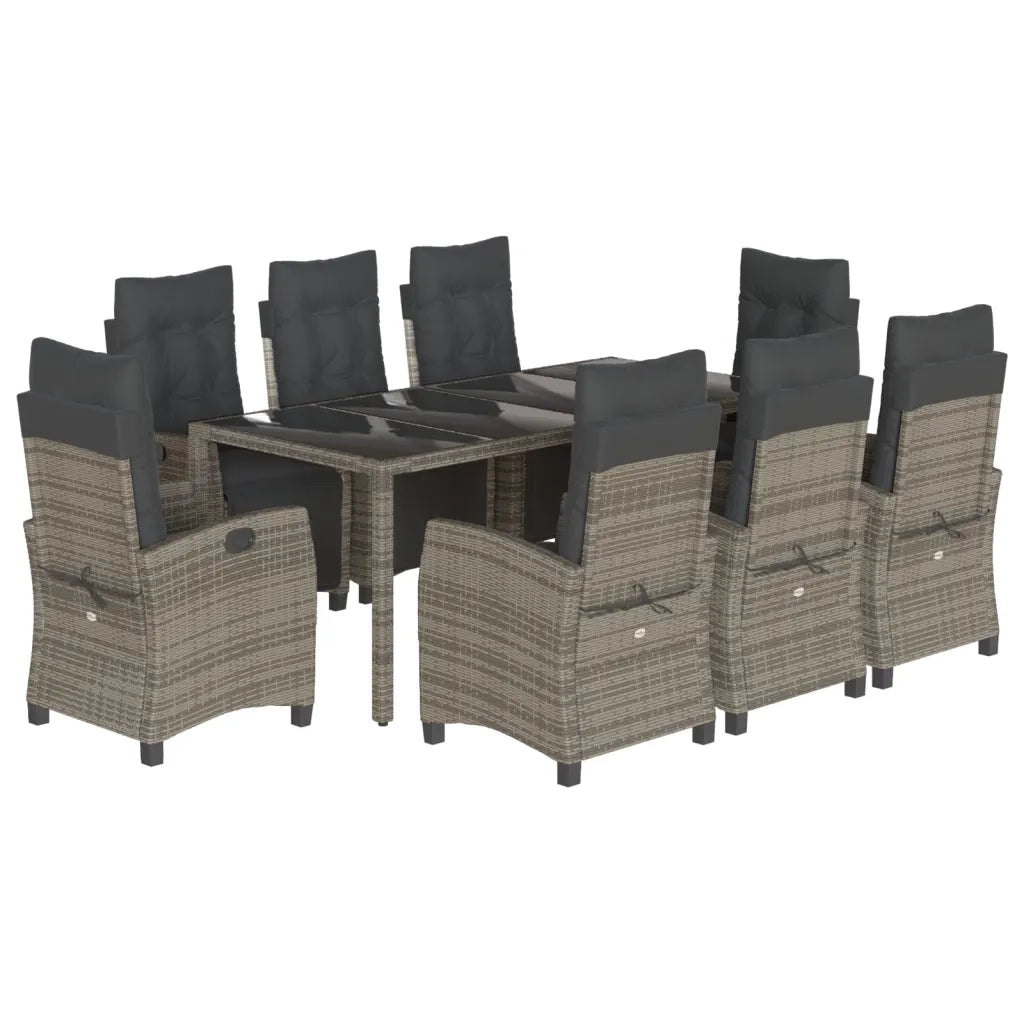 Set da Pranzo da Giardino 9 pz con Cuscini in Polyrattan Grigio