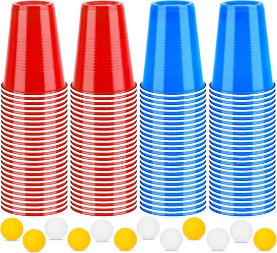 Set di bicchieri da birra, 100 bicchieri (50 rossi + 50 blu) e 12 palline, giochi da tavolo per bere, bicchieri in plastica riciclabili, bicchieri da festa, set di bicchieri e palline in plastica, 450 ml